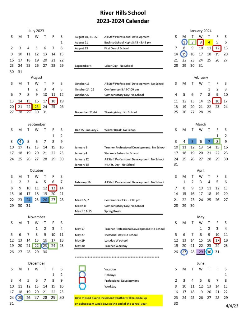2023-2024 River Hills School calendar