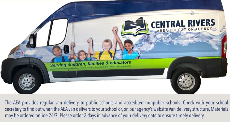 Central Rivers AEA delivery van. The AEA provides regular van delivery to public and accredited nonpublic schools.
